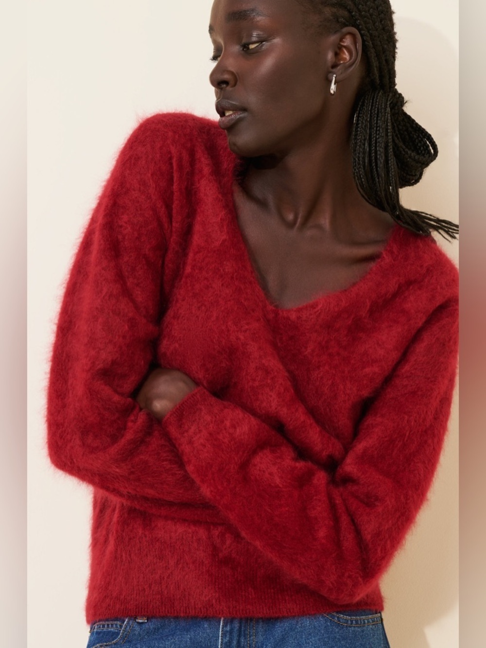 2 / 6 medium Jumper 1234 Rouge Brushed Cashmere V-Neck sweater Red - Picture 13 of 14